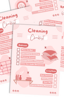 A closeup image of three of the pages for the Cleaning and Organization Checklist. They're splayed out on a white background and have a pink colored theme. There are also pretty images of household items on the pages.