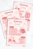 Image of three of the pages for the Cleaning and Organization Checklist. They're splayed out on a marble background and have a pretty pink colored theme. There are also cute images of household items on the pages.