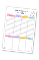Image of the Medication Tracker page on a white background. It says "Medication Tracker" at the top of the page. It has different categories down below such as Medication, Dose, Time Given, Reaction, and notes sections for each. It also has different colored boxes behind each section title. So the colors are pink, purple, yellow, and a light mint green.
