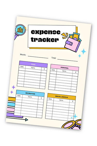 An image of the expense tracker page on a white background. The tracker is an off white color and has fun colorful elements on it. The main colors are pink, purple, yellow, and blue. And there are categories for Food, Personal, Recreation, and Miscellaneous.