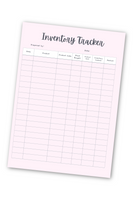 A soft pink single page on a white background. Up top it says Inventory Tracker in a cursive font, and down below are columns for "Date, Product, Product Code, Stock Bought, Product Sold, Inventory Instock, and Restock. There's also a place just above the columns for writing who it's prepared by and the date.