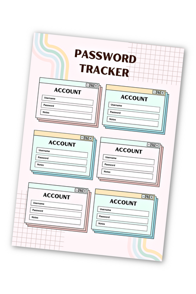 Image of the Editable Password Tracker on a white background. The page is a light pink and has some pastel rainbow designs in the upper left hand corner and the bottom right hand corner. Each section for writing down the password, username, and notes is in the theme of a computer sign in popup. And at the top it says, "Password Tracker."