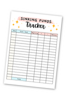 An image of the Editable Sinking Funds Tracker on a white background. It's a white page with rows of categories. The main background colors for the category names are blue and pink. At the top of the page it says, "Sinking Funds Tracker" and there are gold sparkles on either side of it. Also, the categories are Date, Funds + Goals, Beginning, +, - , Balance, and a totals section at the bottom.